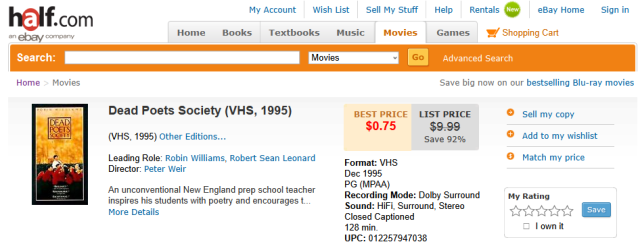 Dead Poet's Society VHS on Half.com