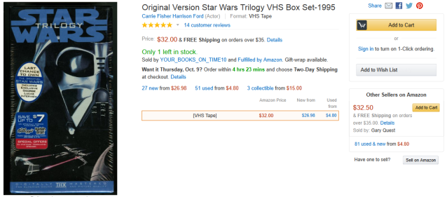 Star Wars Trilogy VHS Set on Amazon